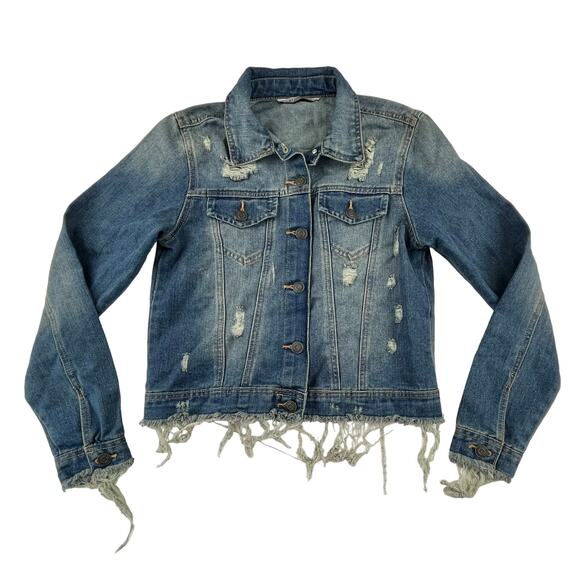 REGAN | Distressed Denim M Medium Wash Stonewashed Cropped Jean Jacket - Picture 1 of 8